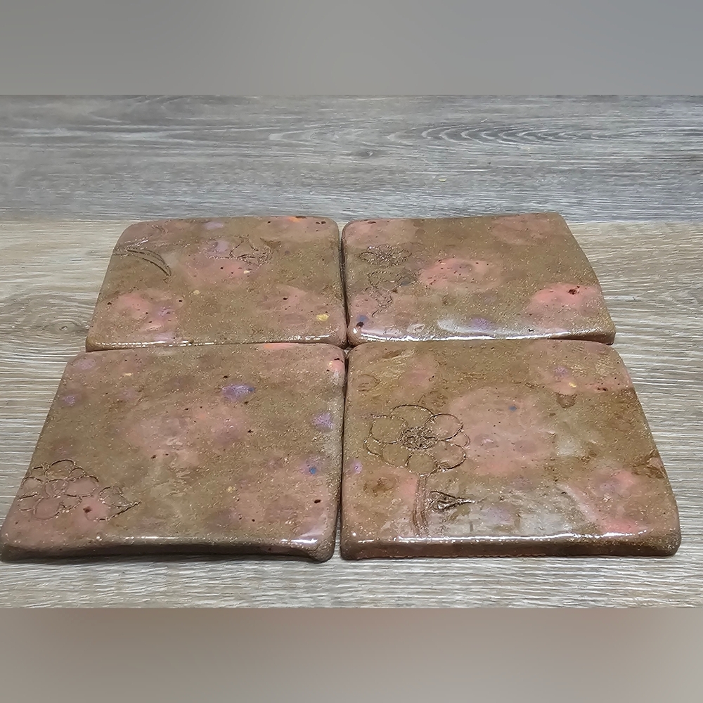 100% Handmade/no Mold. Gorgeous Floral Ceramic Coasters Set